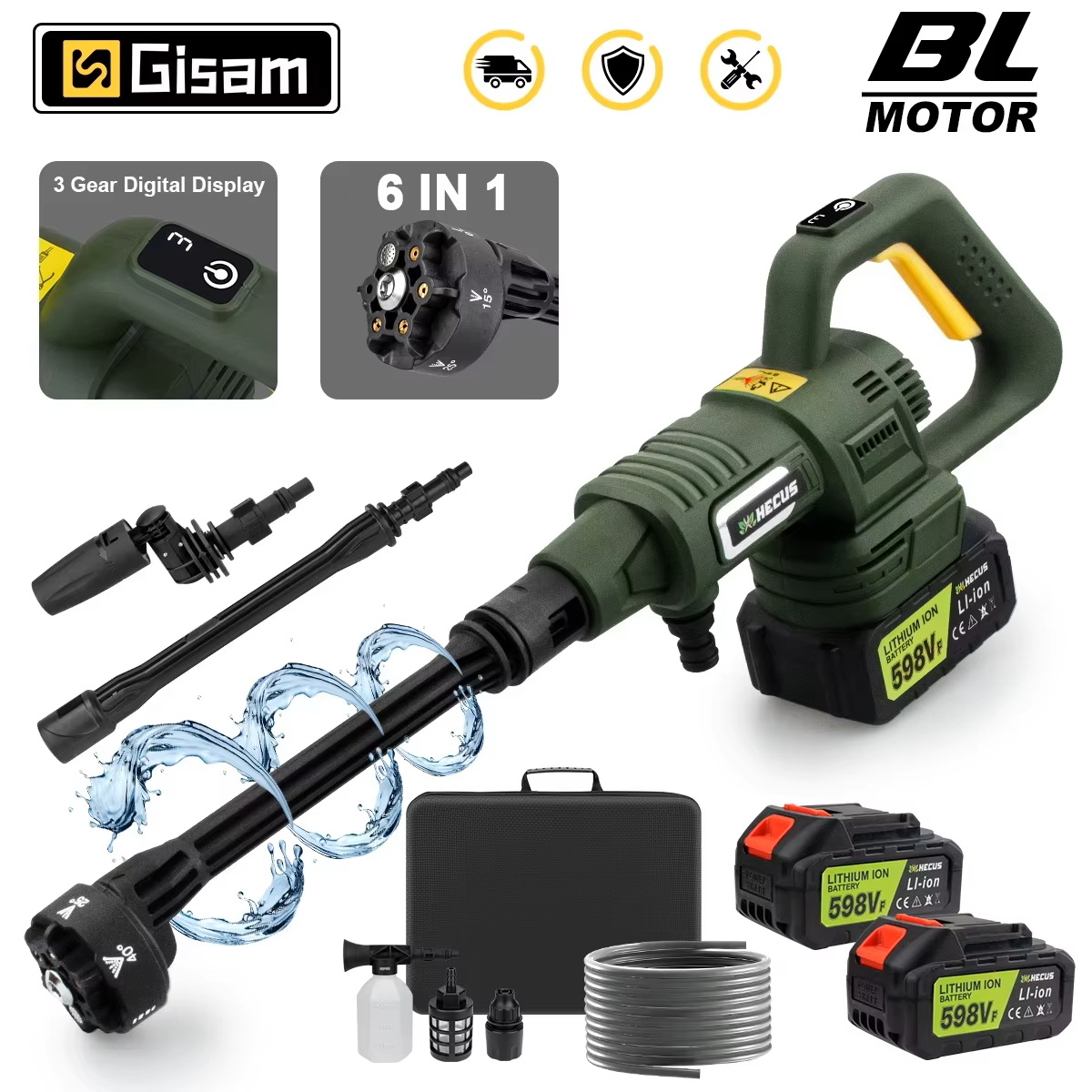 GISAM Myjka wysokociśnieniowa elektryczna 200Bar, bezszczotkowy silnik, 3 biegi, pistolet do mycia samochodu 6 w 1, pistolet wodny, kompatybilna z akumulatorem Makita 18V
