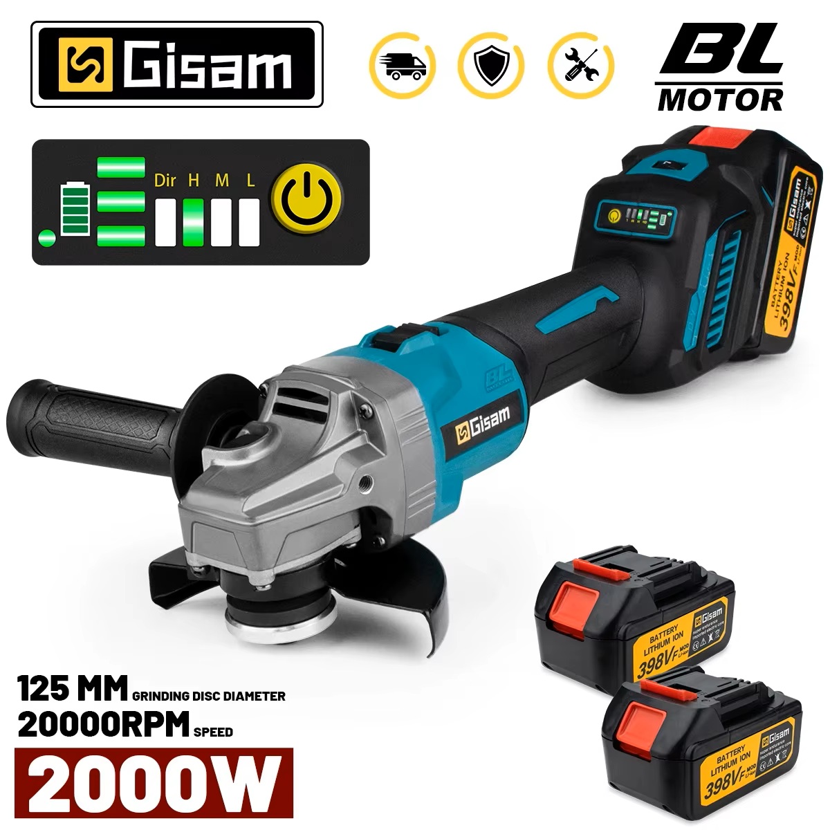 GISAM Bezszczotkowa szlifierka kątowa elektryczna 125mm, 7 biegów, ładowalna szlifierka polerska, kompatybilna z pinem akumulatora Makita 18V