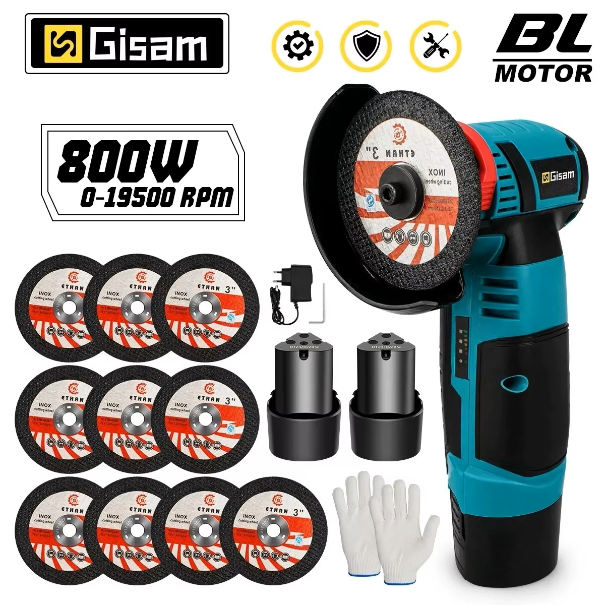 GISAM Bezszczotkowa szlifierka kątowa elektryczna 12V, ładowalna maszyna do szlifowania i cięcia, narzędzie polerskie z akumulatorem 2000mAh